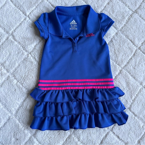 Adidas | Navy and Pink Pleated 3 Stripe Ruffle Polo Dress | Size 18 Months - Picture 2 of 10